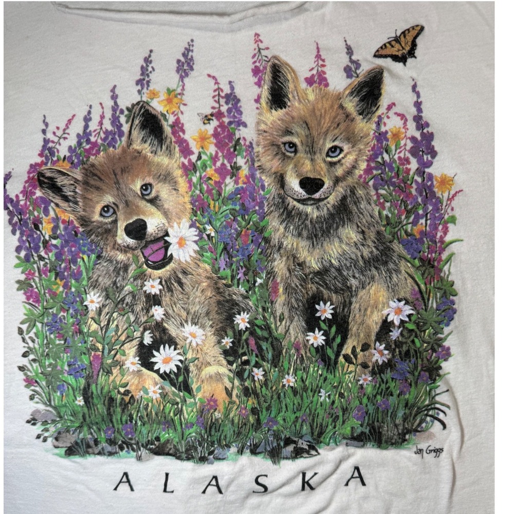 Vintage 90s Alaska Wolf T Shirt Jan Griggs Wildflower Single Stitch Cut Neck XL
